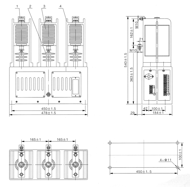 Габариные размеры вакуумного высоковольтного контактора JCZ8-400/12 